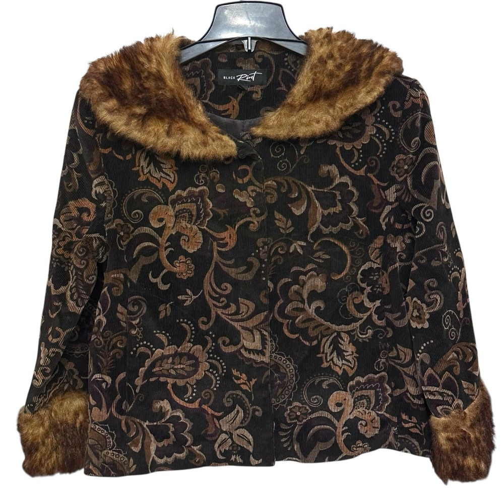 Vintage 90s Y2K Black‎ Rivet Women Brown Paisley Jacket Size Large Faux Fur Trim